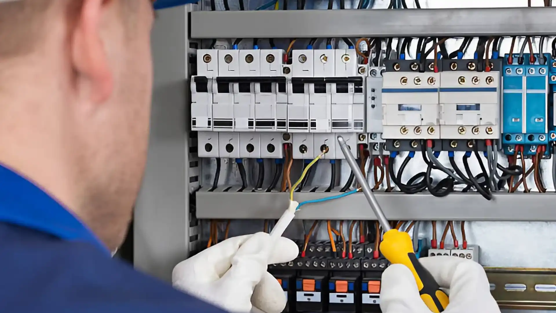 Técnico electricista inspeccionando un tablero para evaluar la calidad de la energía eléctrica