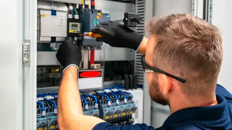 Técnico revisando el tablero de control de un sistema de climatización de precisión