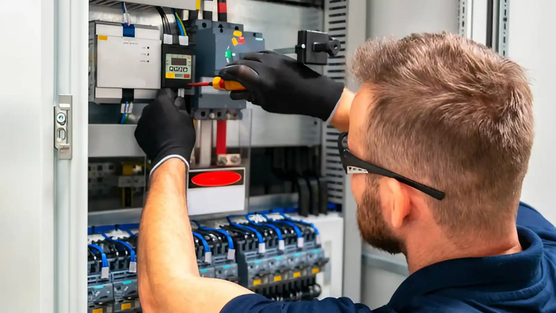 Técnico revisando el tablero de control de un sistema de climatización de precisión