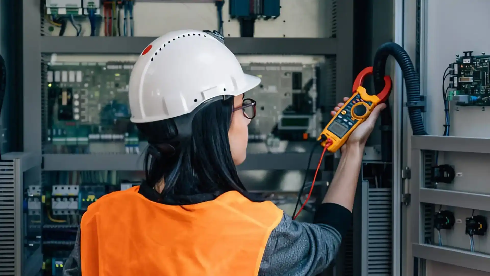 Técnica electricista inspeccionando un tablero eléctrico con un instrumento de medición